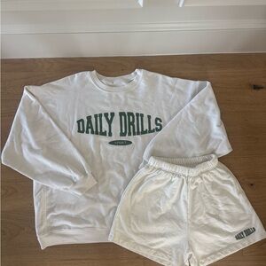Daily Drills Logo Collection White Oversized Sport Crew and Shorts Set
